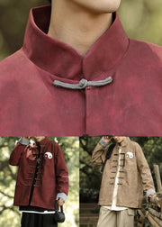 Loose Red Chinese Button Pockets Faux Leather Mens Coats Winter