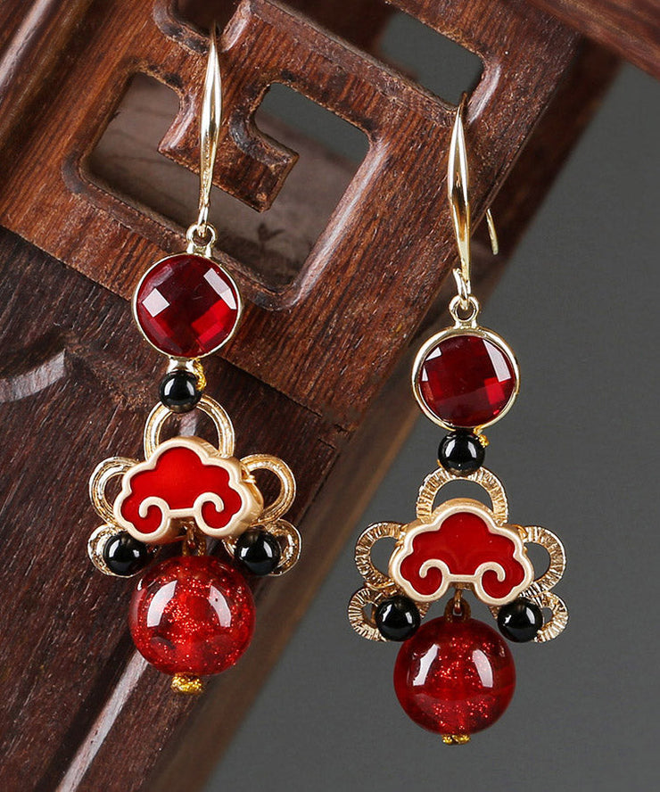 Loose Red Copper Glaze Black Agate Cloisonne Drop Earrings