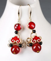 Loose Red Copper Glaze Black Agate Cloisonne Drop Earrings