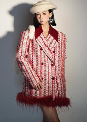 Loose Red Double Breast Fluffy Patchwork Cotton Coats Winter