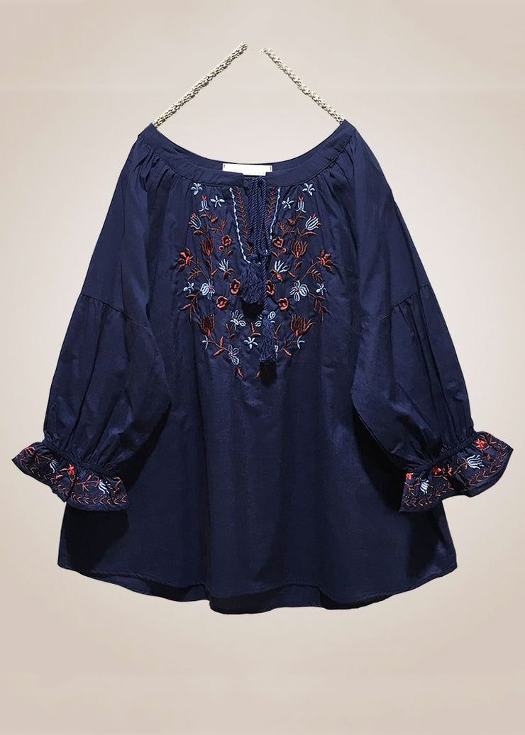 Loose Red Embroidered Lace Up Cotton Shirt Long Sleeve
