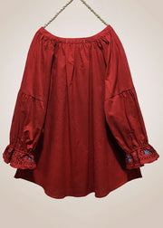 Loose Red Embroidered Lace Up Cotton Shirt Long Sleeve
