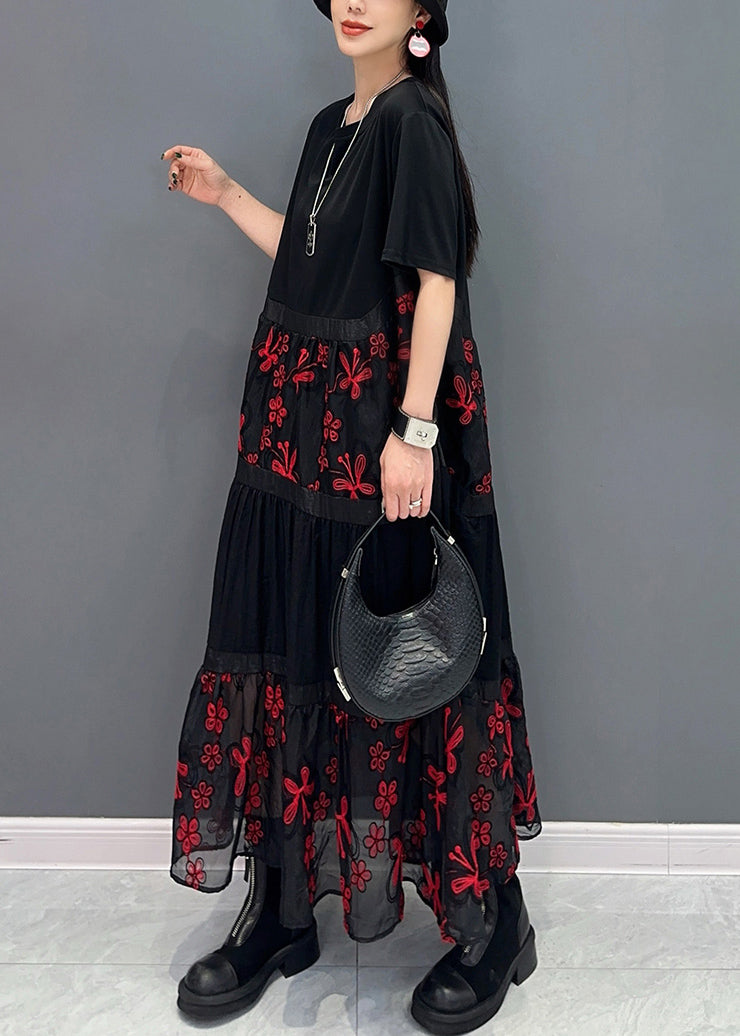 Loose Red Embroidered Patchwork Cotton Long Dress Summer