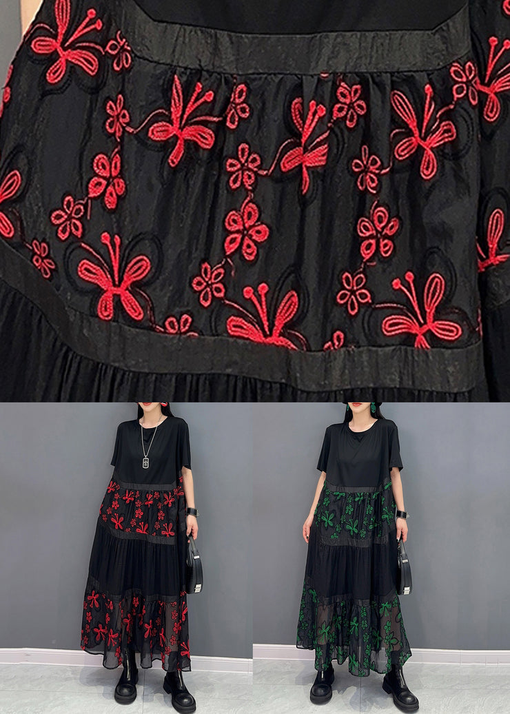 Loose Red Embroidered Patchwork Cotton Long Dress Summer