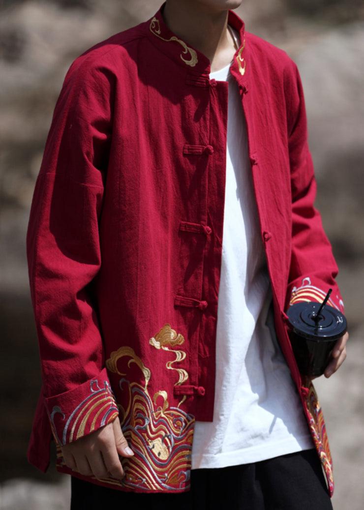 Loose Red Embroideried Button Cotton Men Coat Fall