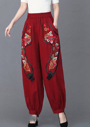 Loose Red Embroideried Floral Pockets  Linen Lantern Pants Fall