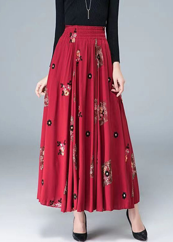 Loose Red Embroidered High Waist Patchwork Cotton Skirt Fall