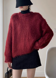 Loose Red Fluffy Solid Knit Sweater Winter