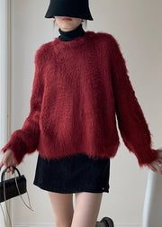 Loose Red Fluffy Solid Knit Sweater Spring