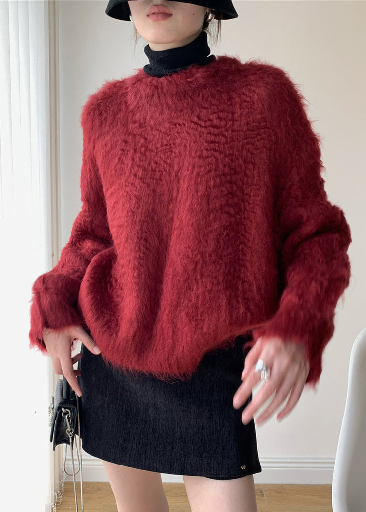 Loose Red Fluffy Solid Knit Sweater Spring