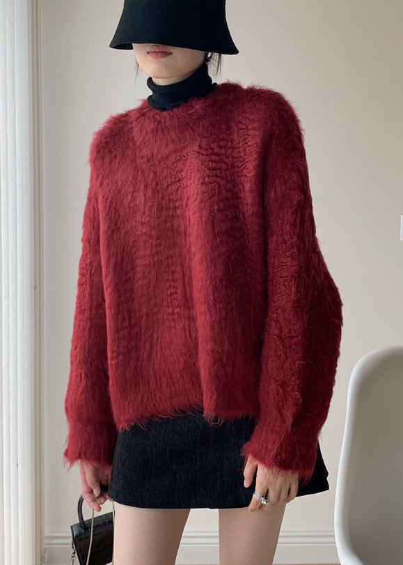 Loose Red Fluffy Solid Knit Sweater Spring