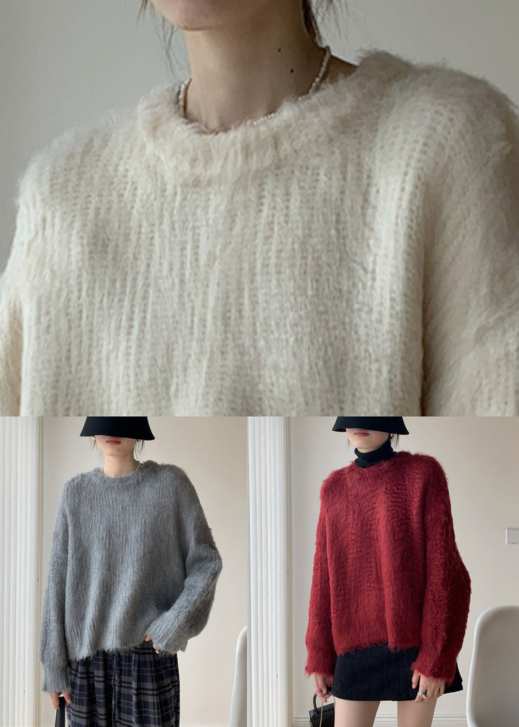 Loose Red Fluffy Solid Knit Sweater Winter