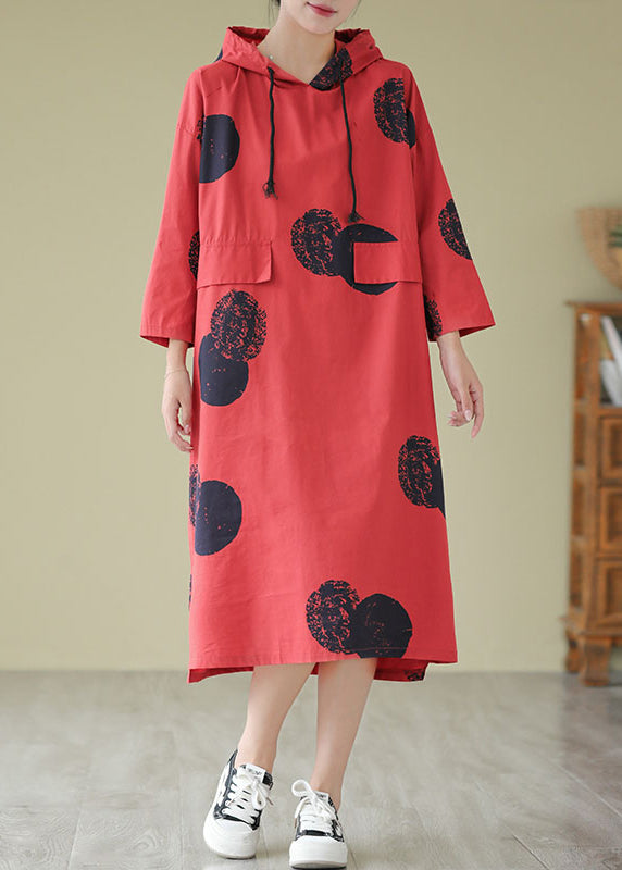 Loose Red Hooded Dot Print Cotton Dress Fall