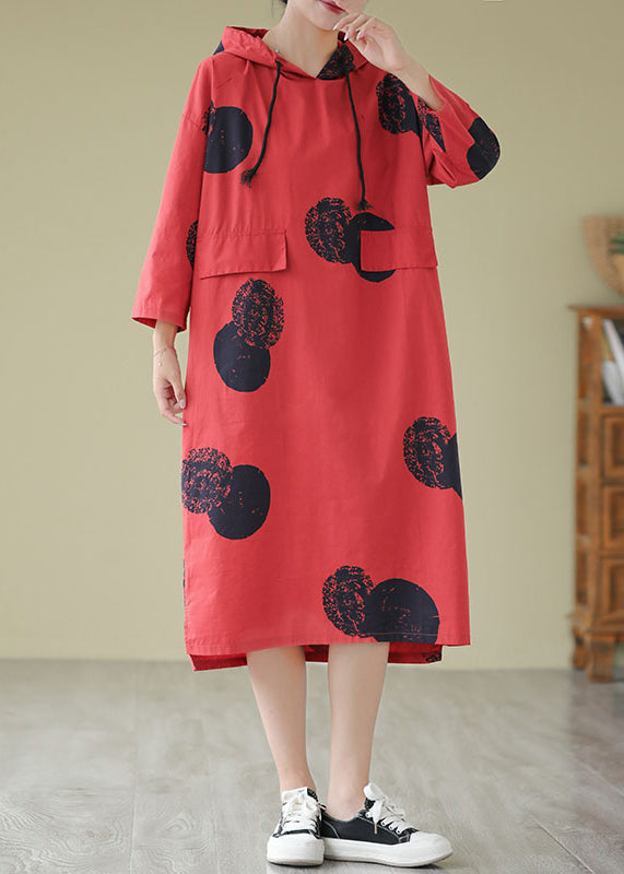 Loose Red Hooded Dot Print Cotton Dress Fall