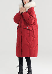 Loose Red Hooded Pockets Patchwork Duck Down Long Coats Winter