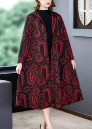 Loose Red Hooded Print Pockets Patchwork Cotton Long Coats Fall