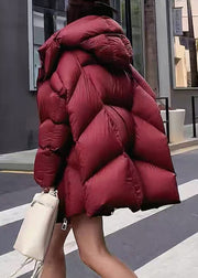 Loose Red Hooded Zippered Duck Down Coats Winter