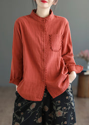 Loose Red Lace Button Pockets Cotton Blouses Spring