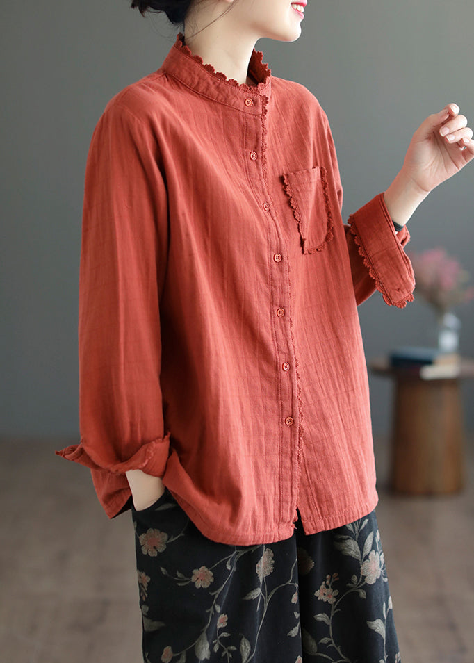 Loose Red Lace Button Pockets Cotton Blouses Spring