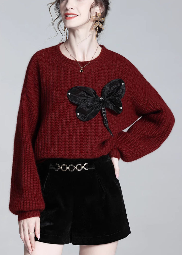 Loose Red O Neck Bow Wool Knit Sweaters Winter