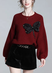 Loose Red O Neck Bow Wool Knit Sweaters Winter