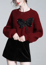 Loose Red O Neck Bow Wool Knit Sweaters Winter