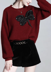 Loose Red O Neck Bow Wool Knit Sweaters Winter