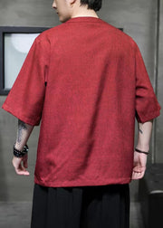 Loose Red O Neck Button Linen Men T Shirts Summer
