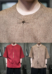 Loose Red O Neck Button Linen Men T Shirts Summer