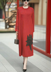 Loose Red O Neck High Waist Patchwork Knit Dress Winter