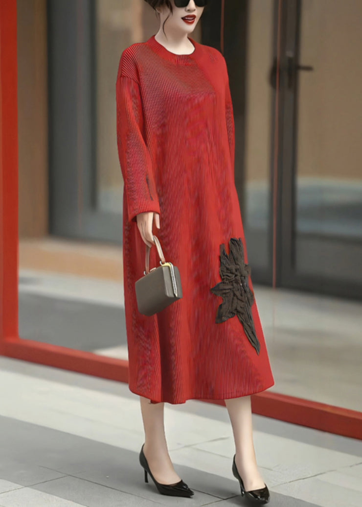 Loose Red O Neck High Waist Patchwork Knit Dress Winter