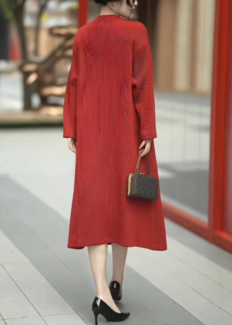 Loose Red O Neck High Waist Patchwork Knit Dress Winter