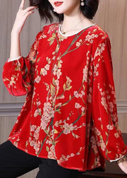 Loose Red O Neck Jacquard Velour Tops Long Sleeve