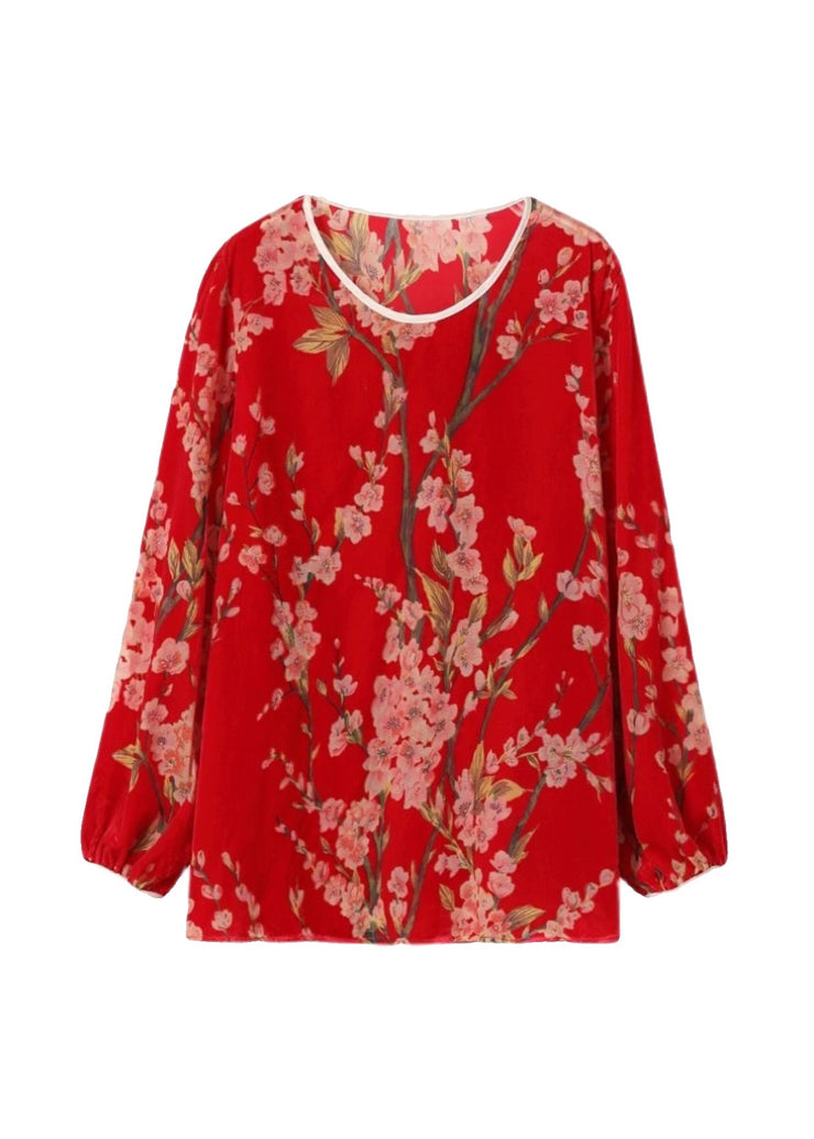 Loose Red O Neck Jacquard Velour Tops Long Sleeve