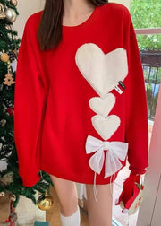 Loose Red O-Neck Love Bow Knit Sweaters Spring