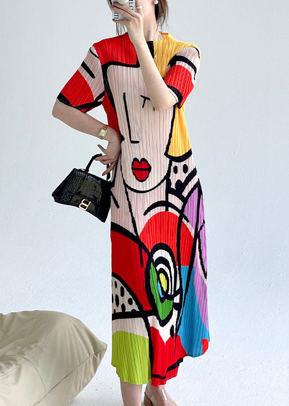 Loose Red O Neck Print Cotton Long Dresses Summer