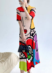 Loose Red O Neck Print Cotton Long Dresses Summer