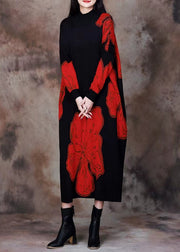 Loose Red O Neck Print Knitting Cotton Long Dresses Spring