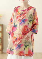 Loose Red O Neck Print Side Open Cotton Shirts Spring