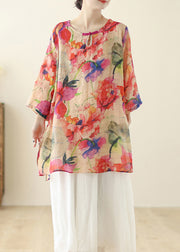 Loose Red O Neck Print Side Open Cotton Shirts Spring