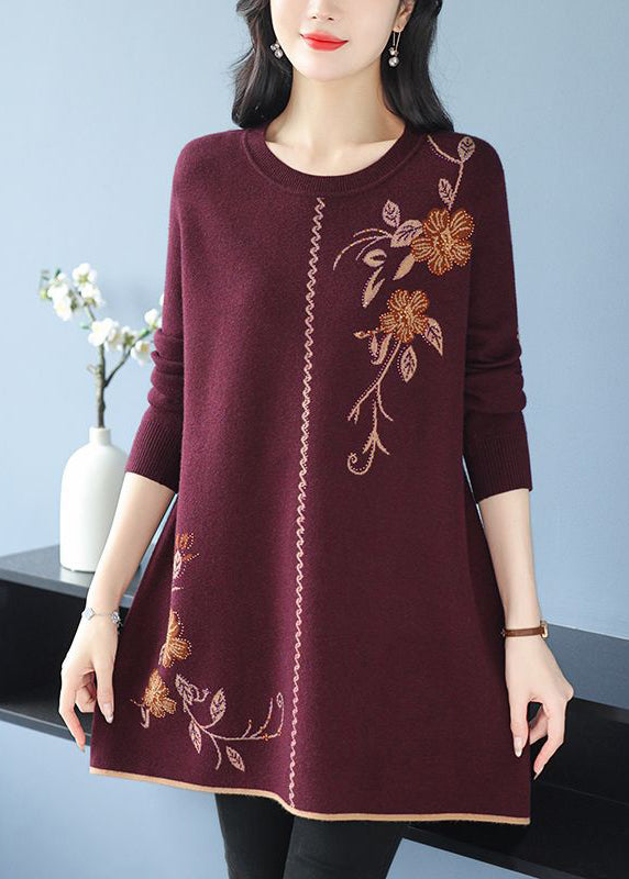 Loose Red O Neck Zircon Wool Knit Sweaters Long Sleeve