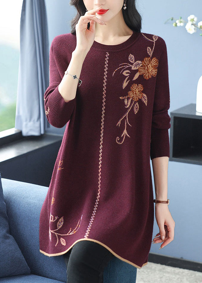 Loose Red O Neck Zircon Wool Knit Sweaters Long Sleeve