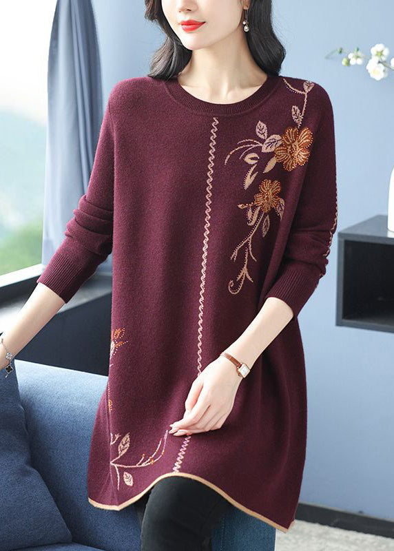 Loose Red O Neck Zircon Wool Knit Sweaters Long Sleeve