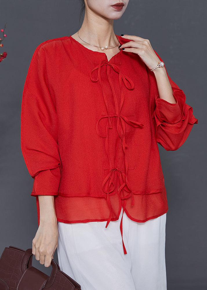 Loose Red Patchwork Lace Up Chiffon Shirt Top Summer