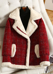 Loose Red Peter Pan Collar Button Faux Fur Coat Fall