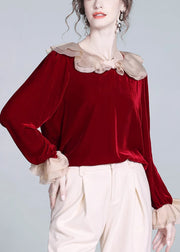 Loose Red Peter Pan Collar Patchwork Silk Velour Tops Butterfly Sleeve