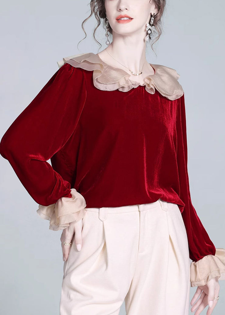 Loose Red Peter Pan Collar Patchwork Silk Velour Tops Butterfly Sleeve