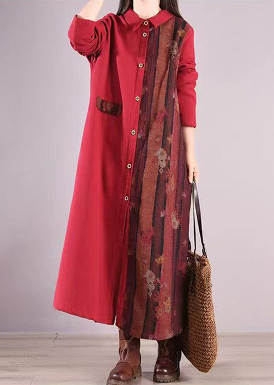 Loose Red Peter Pan Collar Patchwork Warm Fleece Shirts Dresses Fall