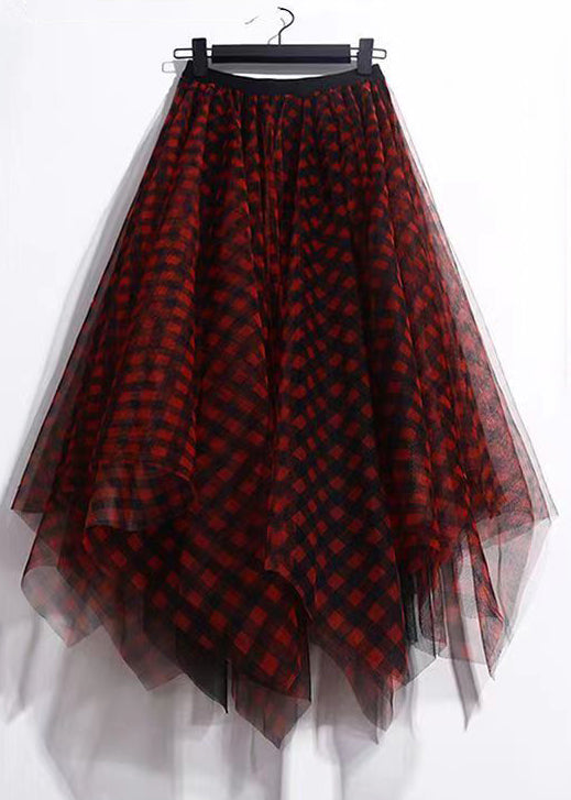 Loose Red Plaid Print Elastic Waist Tulle Skirt Summer