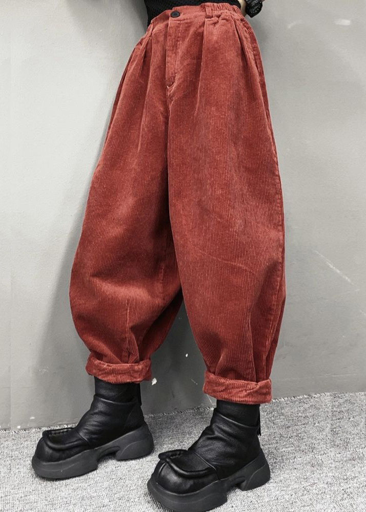 Loose Red Pockets Elastic Waist Corduroy Pants Spring